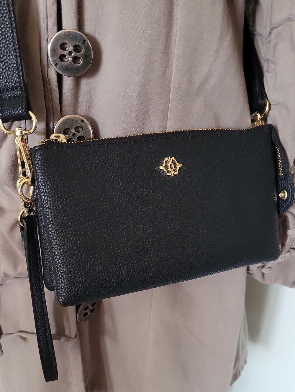 Black pebbled faux-leather Nanette Lepore Triple Section Crossbody Bag Wristlet